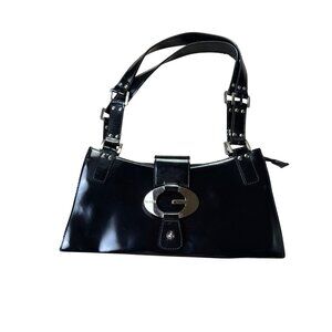 Guess Vintage 2000s Black Vegan Leather Shoulder Bag With Silver Accents
